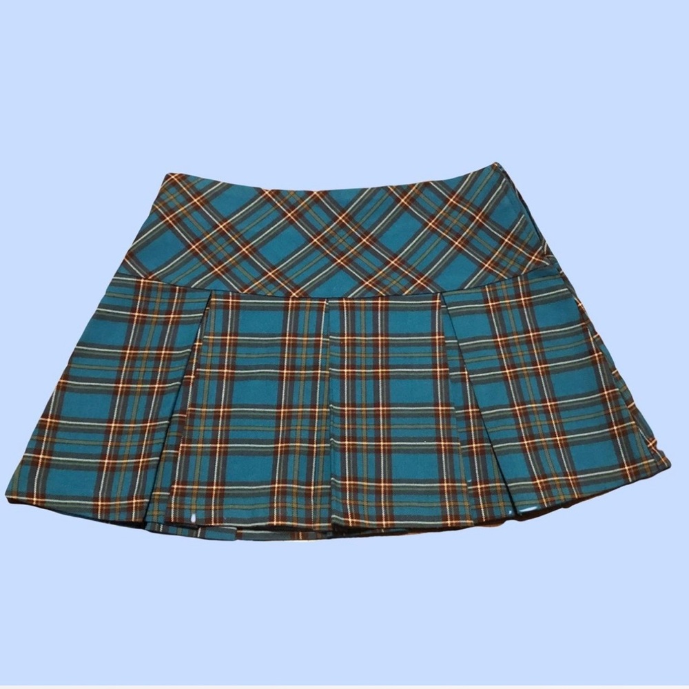 Vintage 90s empire records pleated mini skirt blue and brown small
